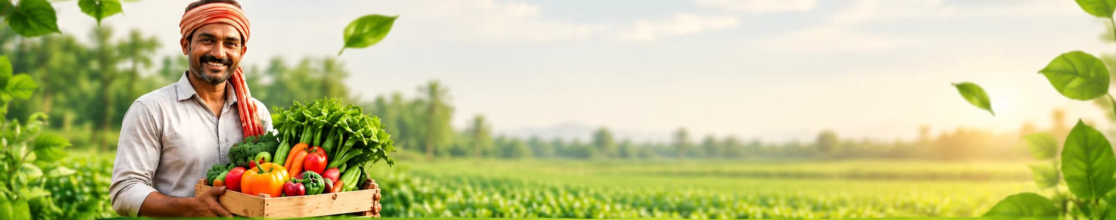 Smiling farmer holding a crate of fresh vegetables in a sunlit field